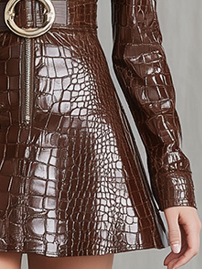 Vintage Brown Lapel Half-zip Faux Crocodile Mini Dress