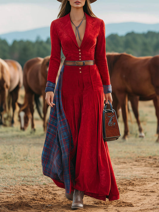 Western-style Red Faux Suede Patchwork Plaid Maxi Dress