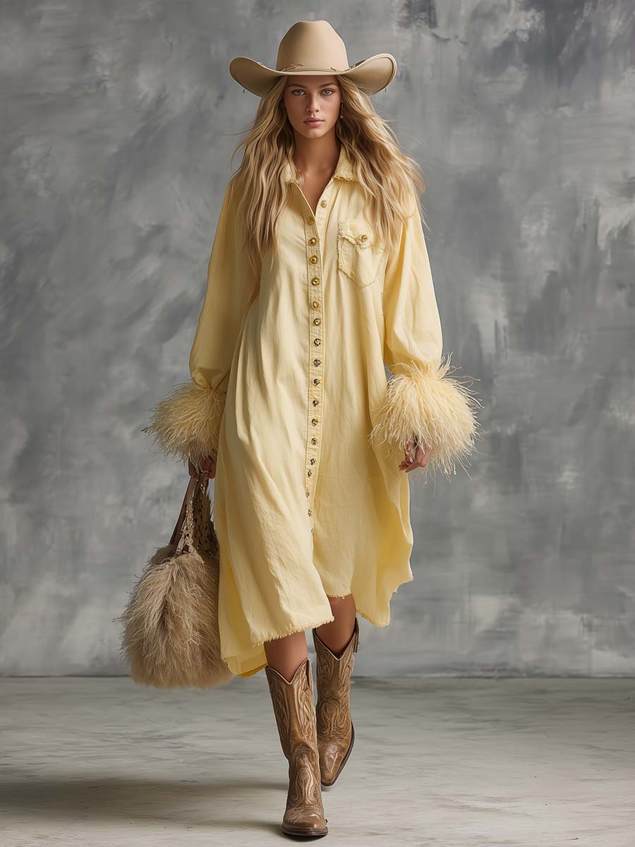 Casual Fashion Lapel Front Buckle Faux Fur Cuffs Light Yellow Cotton Loose Midi Dress