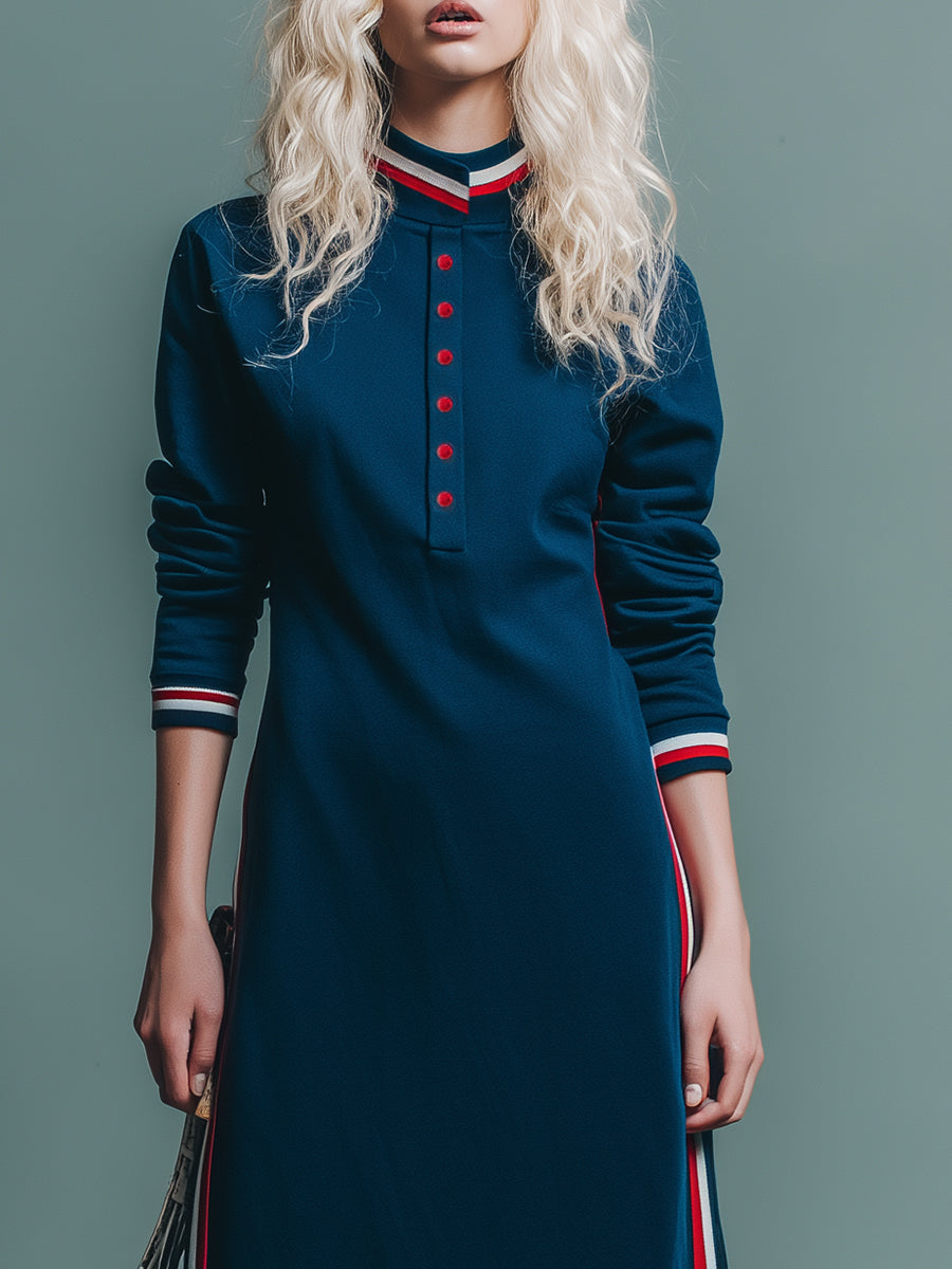 Trendy Sporty Stand-up Collar Red And White Ribbon Blue Slit Maxi Dress