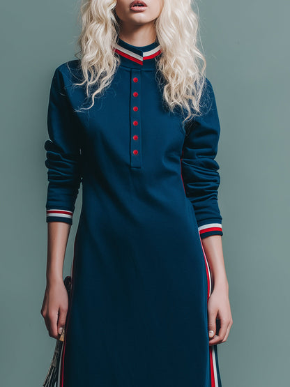 Trendy Sporty Stand-up Collar Red And White Ribbon Blue Slit Maxi Dress