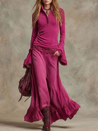 Vintage Lace-trimmed Fuchsia Distressed Cotton Polo Shirt And Ruffled Skirt Set