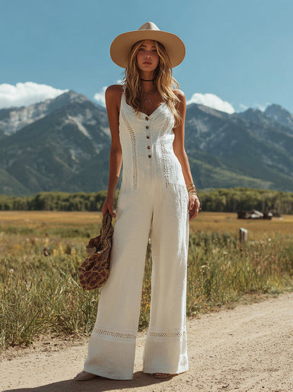 Women's White Linen Sleeveless Suspender Button Jumpsuit With Lace Design