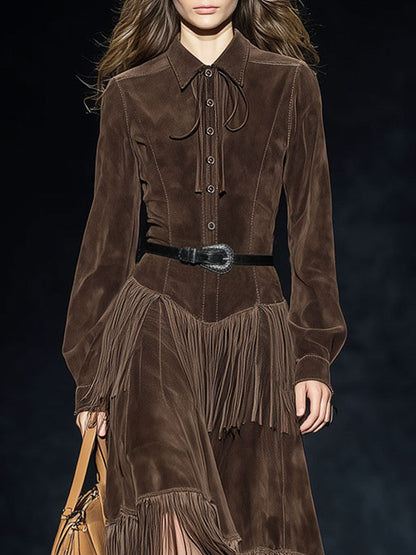 Western Retro Dark Brown Faux Suede Two-Layer Tassel Long-Sleeved Midi Dress