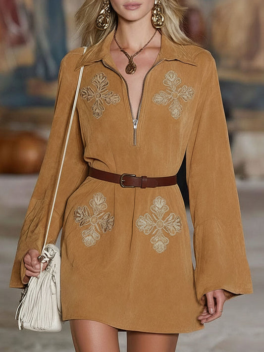 Western-style Geometric Embroidered Lapel Zipper Faux Suede Long-sleeved Mini Dress