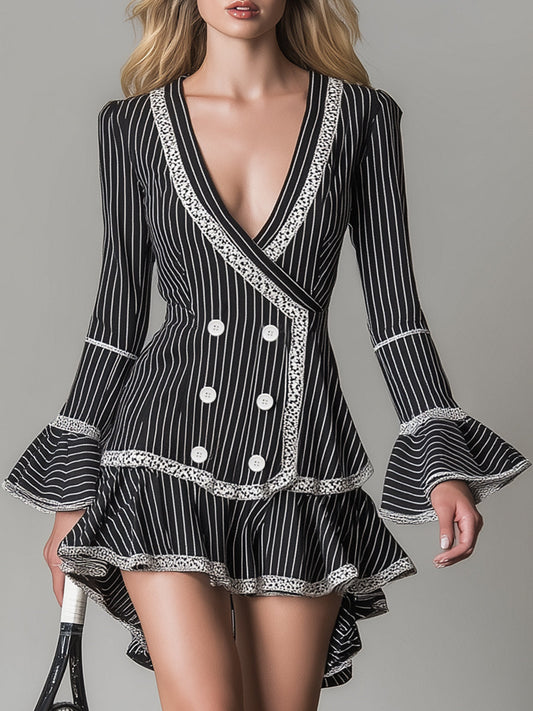 Stylish And Casual Striped V-neck Double-breasted Mini Dress