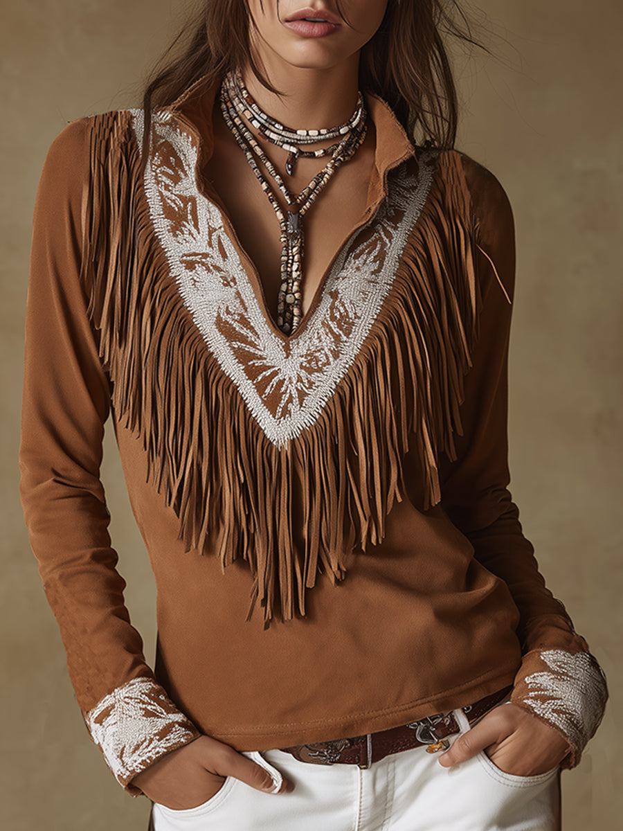 Vintage Western Style Exquisite Embroidered Tassel Brown Faux Suede Shirt