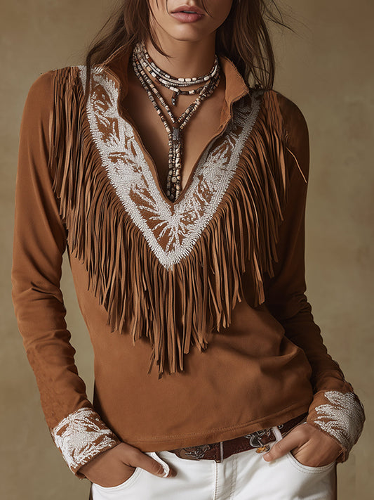Vintage Western Style Exquisite Embroidered Tassel Brown Faux Suede Shirt