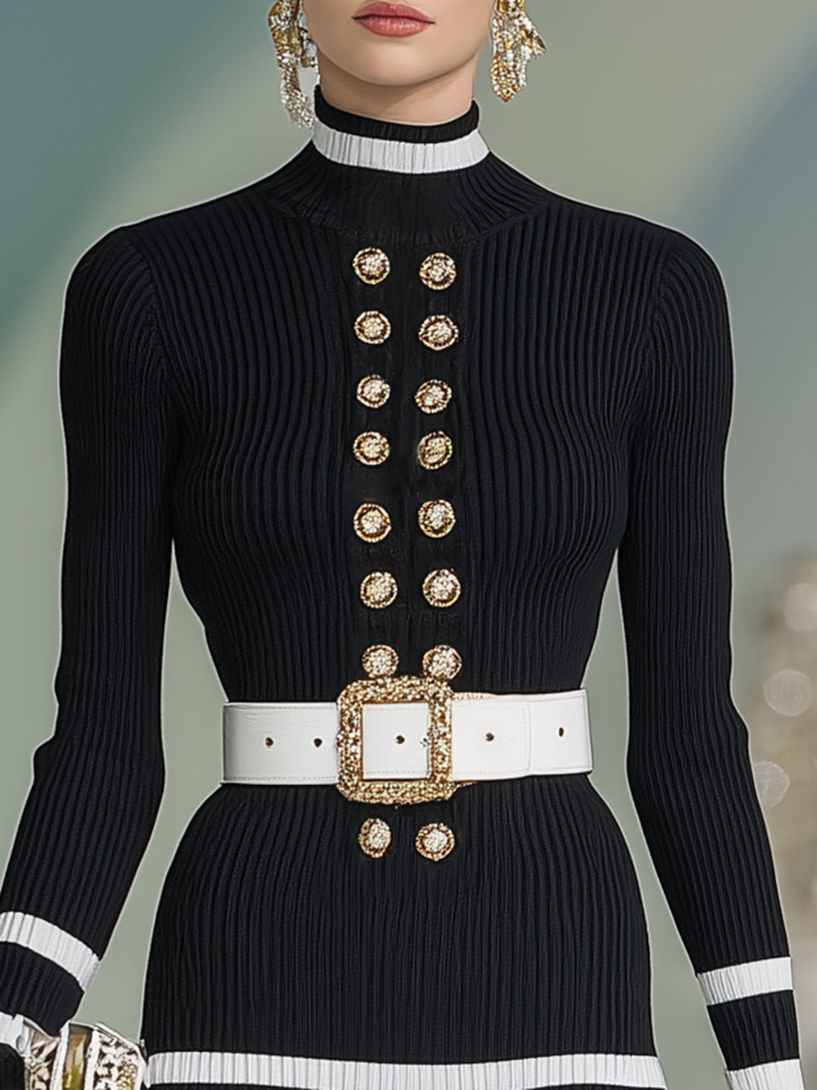 Stylish And Elegant High-neck Double-breasted Black And White Striped Knit Mini Dress