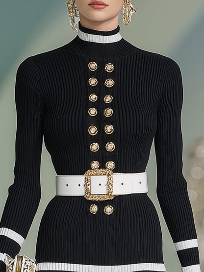 Stylish And Elegant High-neck Double-breasted Black And White Striped Knit Mini Dress
