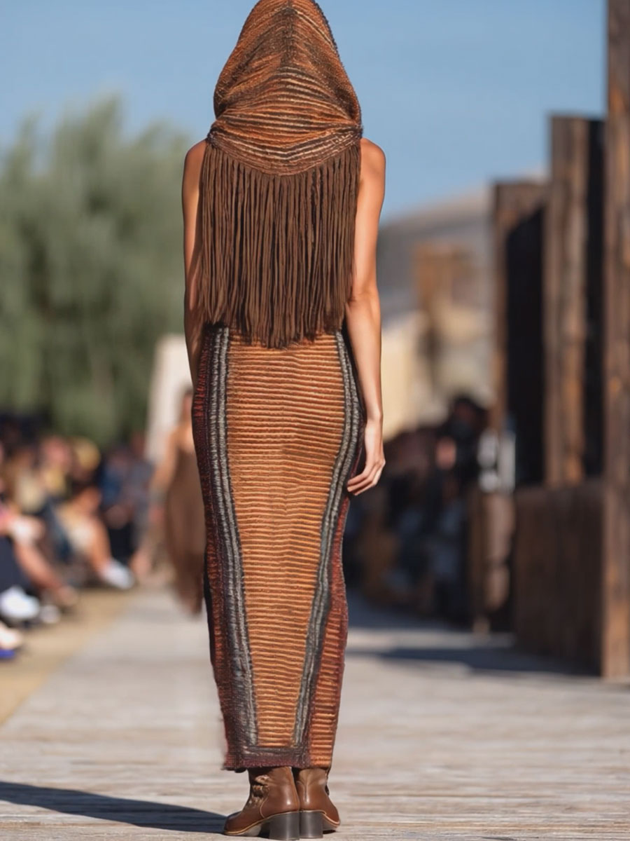 Western Retro Colorful Striped Knitted Tassel Hooded Slit Maxi Dress