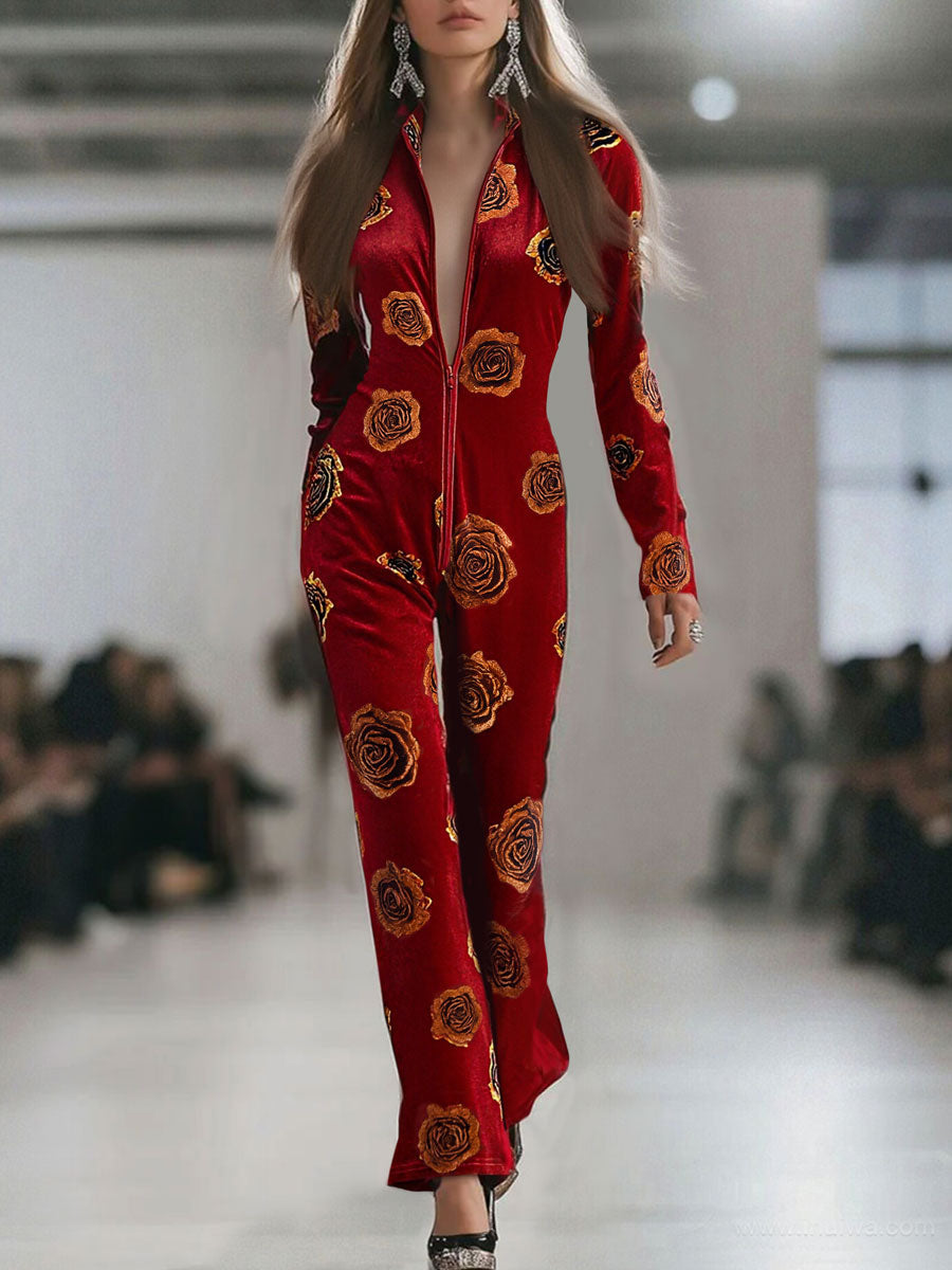 Casual Loose Retro Red Velvet Gold Rose Printed Zipper Long Sleeve Jumpsuit