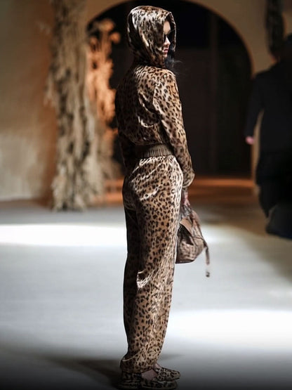 Casual Loose Vintage Velvet Leopard Print Zipper Hooded Jumpsuit