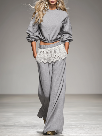 Sporty Retro Sweatshirt And Lace-trimmed Wide-leg Pants Set