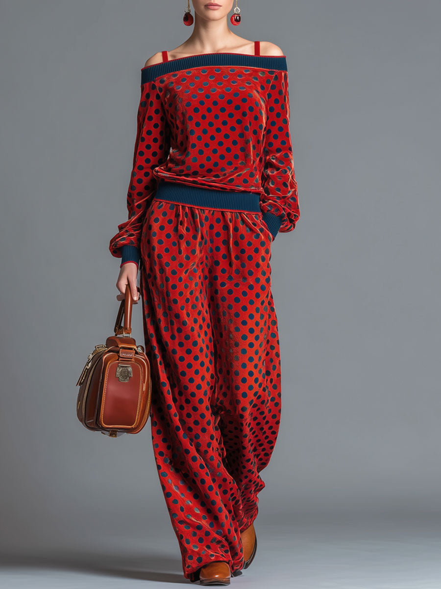 Sporty Retro Red Velvet Polka Dot Off-Shoulder Sweatshirt And Skirt Set