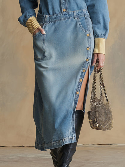 Casual Retro Distressed Blue Denim Long-sleeved Slit Midi Dress
