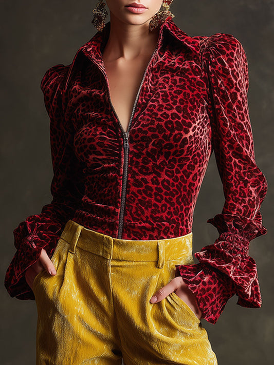 Casual Retro Red Leopard Print Velvet Zip-up Ruffled Long-sleeved Shirt