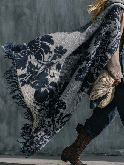 Thick Warm And Comfortable Vinatge Western Floral Pattern Grey Knit Scarf Shawl
