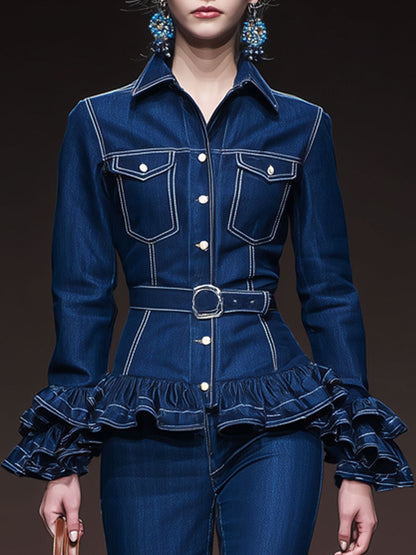 Stylish Retro-style Lace-up Ruffled Dark Blue Denim Jacket