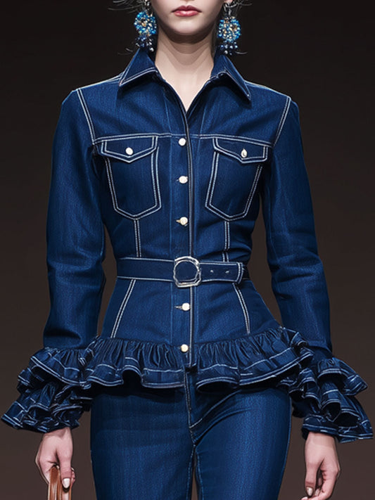 Stylish Retro-style Lace-up Ruffled Dark Blue Denim Jacket