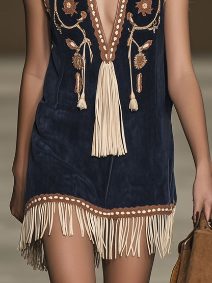 Casual Loose Vintage Suede Bohemian Embroidered Tassel Sleeveless Mini Dress