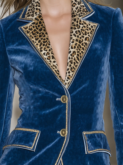 Western-style Blue Velvet Patchwork Leopard Print Button Blazer
