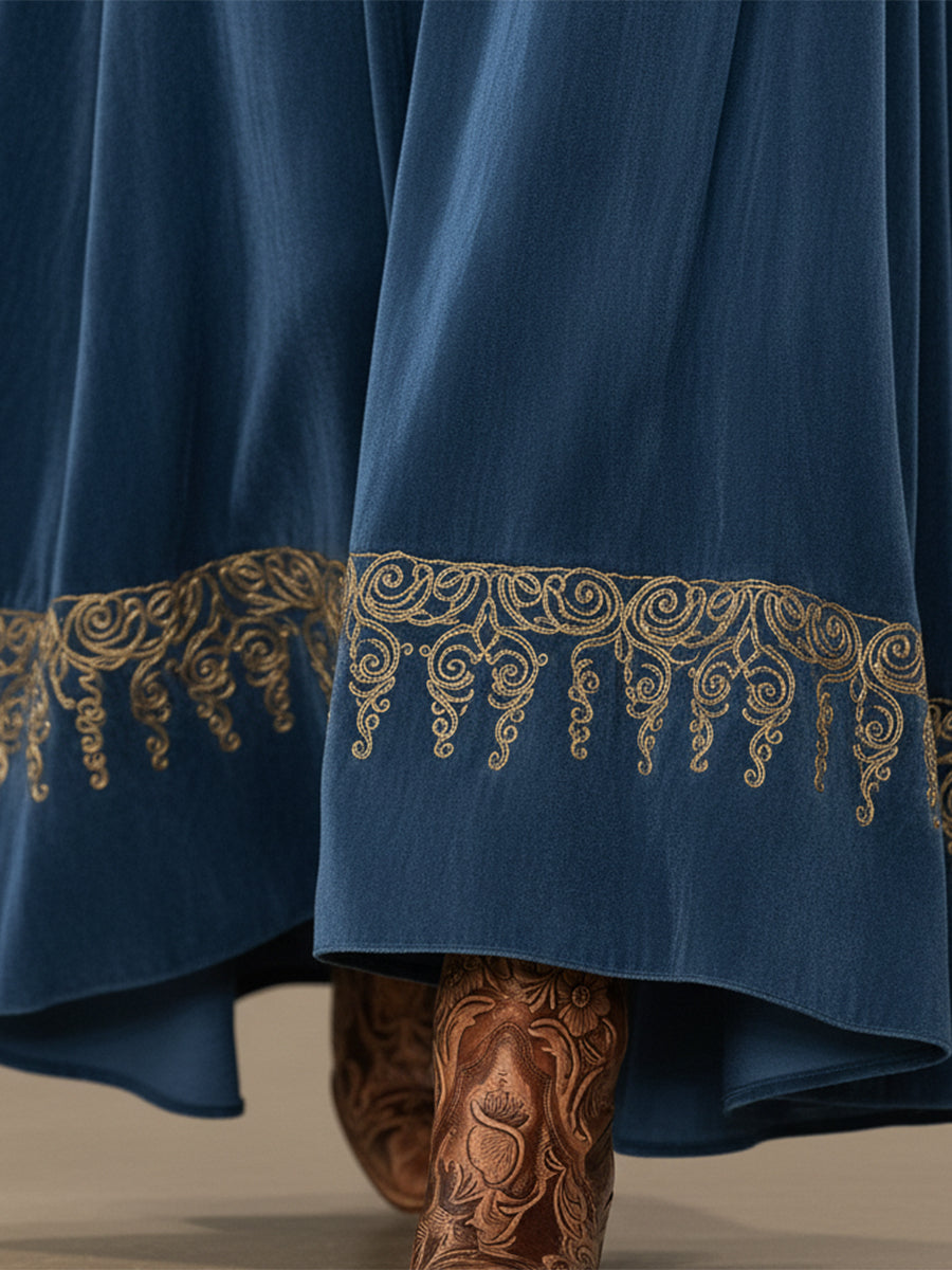 Western-style Faux Suede V-neck Embroidered Maxi Dress