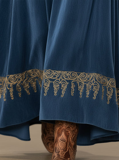 Western-style Faux Suede V-neck Embroidered Maxi Dress