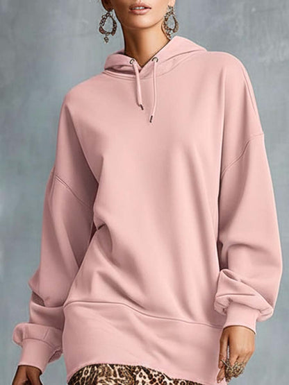 Temperament Fashion Sports Ooded Leopard Print High And Low Ruffle Hem Pink Cotton Midi Dress