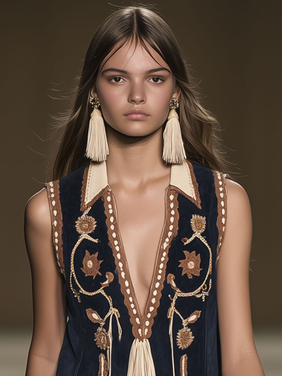 Casual Loose Vintage Suede Bohemian Embroidered Tassel Sleeveless Mini Dress