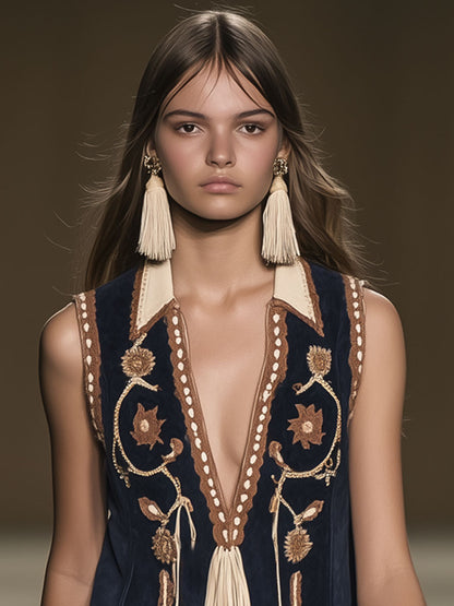 Casual Loose Vintage Suede Bohemian Embroidered Tassel Sleeveless Mini Dress