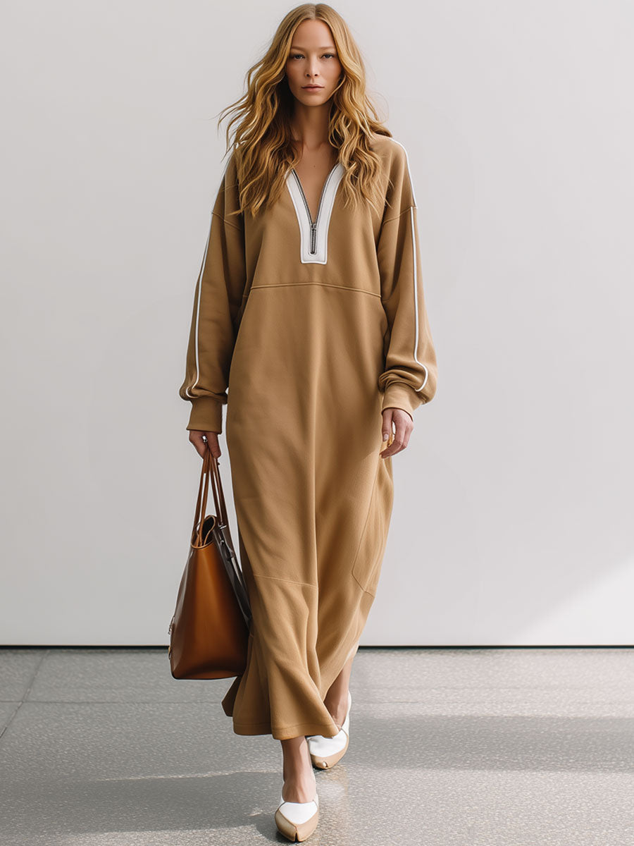 Casual Retro Half-zip Camel Cotton Fleece Slit Sporty Maxi Dress