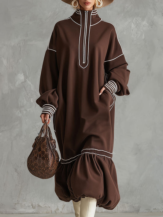 Stylish Sporty White-trimmed Brown Midi Dress