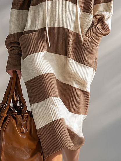 Stylish And Casual Brown And White Striped Hooded Knit Midi Dress
