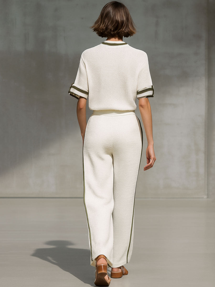 Vintage-Trimmed White Knitted Mesh Short-Sleeved Shirt And Wide-Leg Pants Set