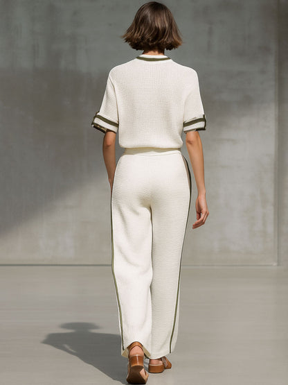 Vintage-Trimmed White Knitted Mesh Short-Sleeved Shirt And Wide-Leg Pants Set