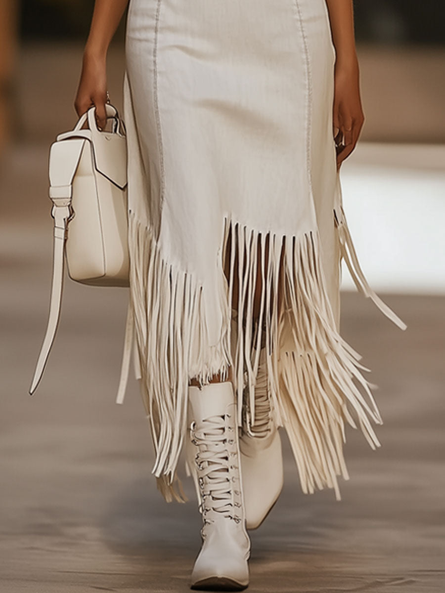 Casual Vintage Brown Embroidery White Denim Sleeveless Tassel Midi Dress