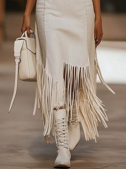 Casual Vintage Brown Embroidery White Denim Sleeveless Tassel Midi Dress