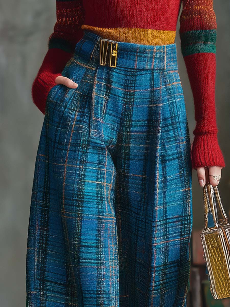 Vintage Fashion Versatile Blue Plaid Wide-leg Pants
