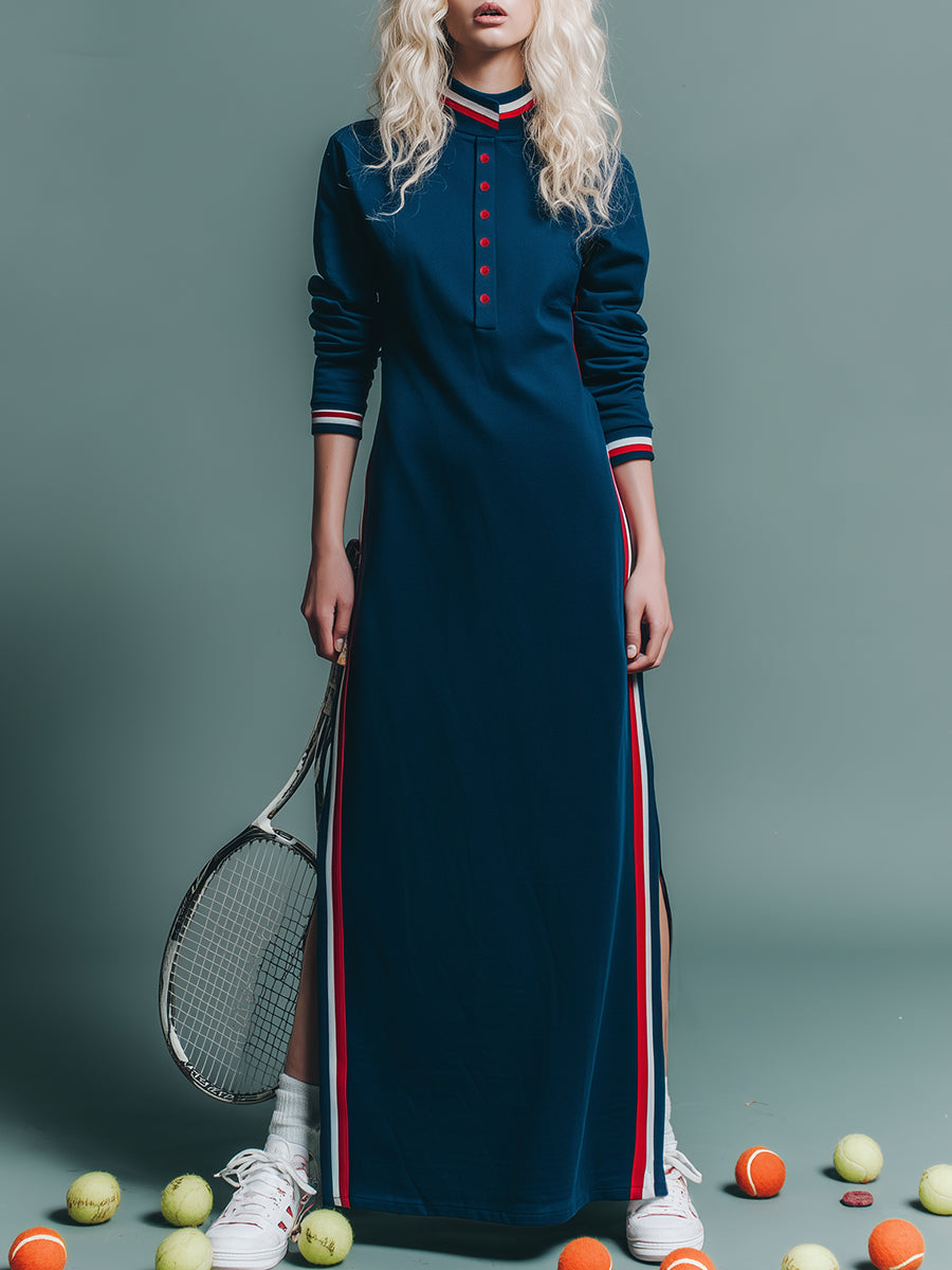 Trendy Sporty Stand-up Collar Red And White Ribbon Blue Slit Maxi Dress
