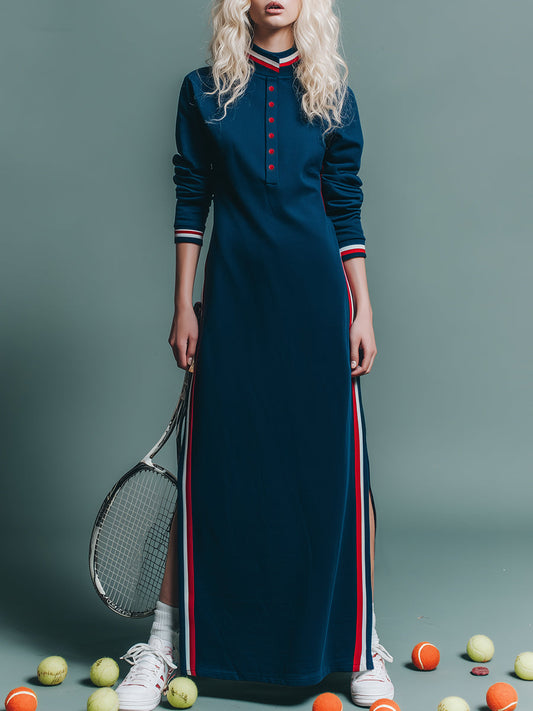 Trendy Sporty Stand-up Collar Red And White Ribbon Blue Slit Maxi Dress