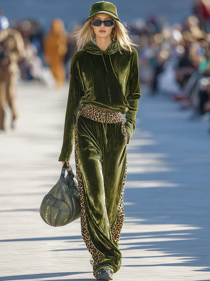 Sporty Casual Leopard Print Trim Green Corduroy Set