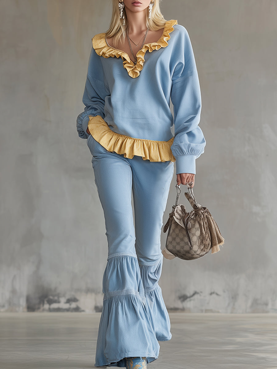 Stylish And Refreshing Blue Sweatshirt And Flared Pants Tracksuit
