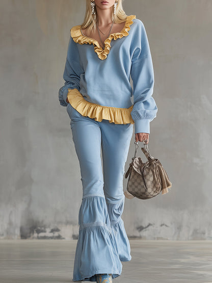 Stylish And Refreshing Blue Sweatshirt And Flared Pants Tracksuit