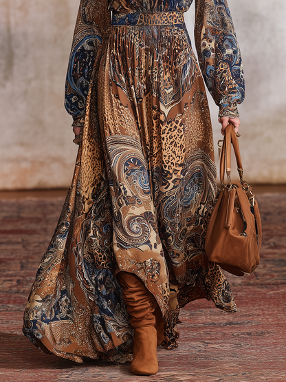 Bohemian Chiffon Printed Lantern Sleeve Maxi Dress