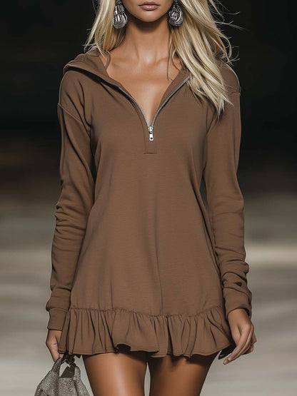 Casual Fashion Loose Brown Long Sleeve Ruffle Hem Hooded Mini Dress
