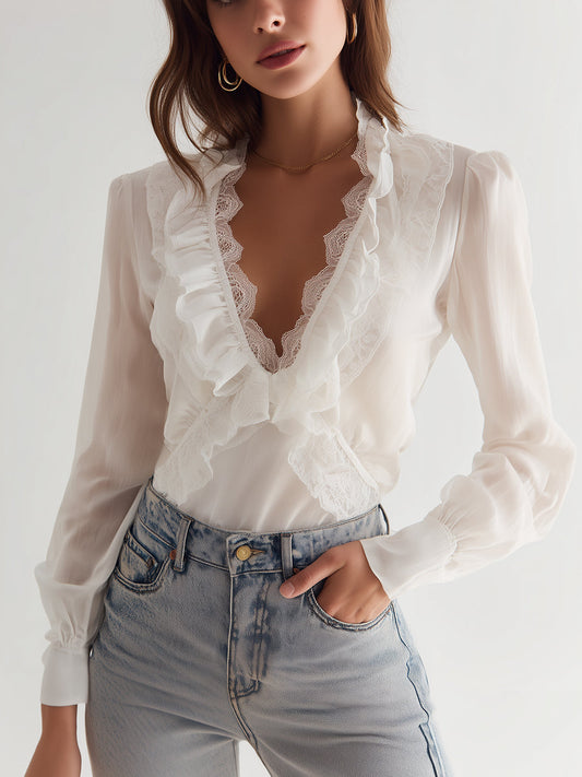 Romantic And Elegant V-neck Ruffled Lace Trim White Chiffon Shirt