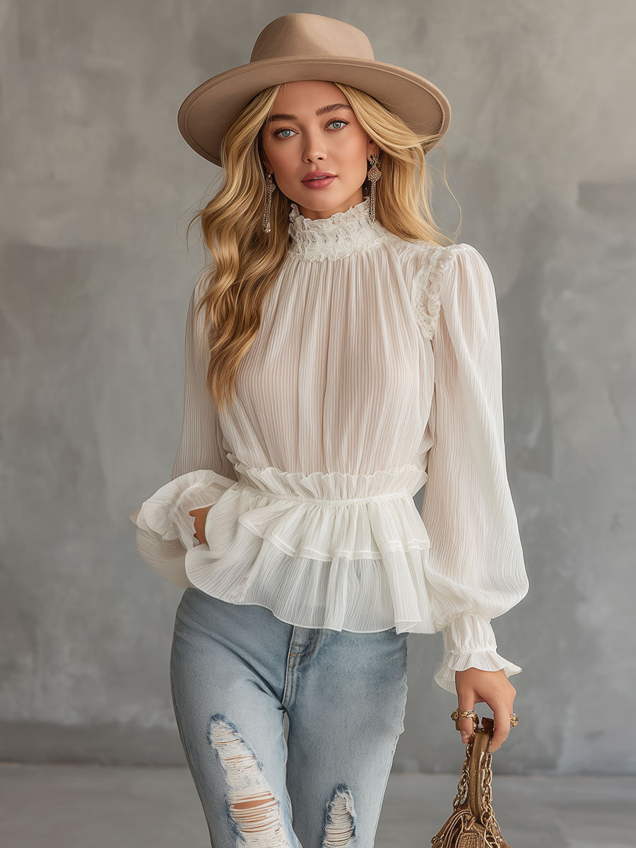 Stylish And Elegant White Chiffon Lace Ruffled Shirt