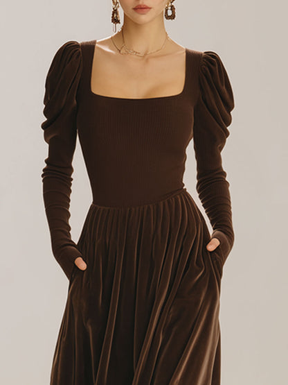 Stylish Retro Brown Knit Velvet Long-Sleeved Pleated Midi Dress