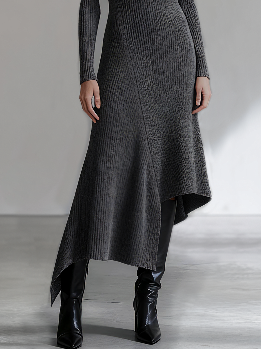 Casual Round Neck Long Sleeve Asymmetrical Hem Knitted Ribbed Maxi Dress